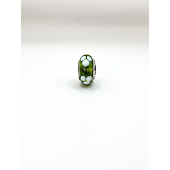 Pandora White Flowers Green Murano Glass Authentic Bead Charm - Picture 5 of 6